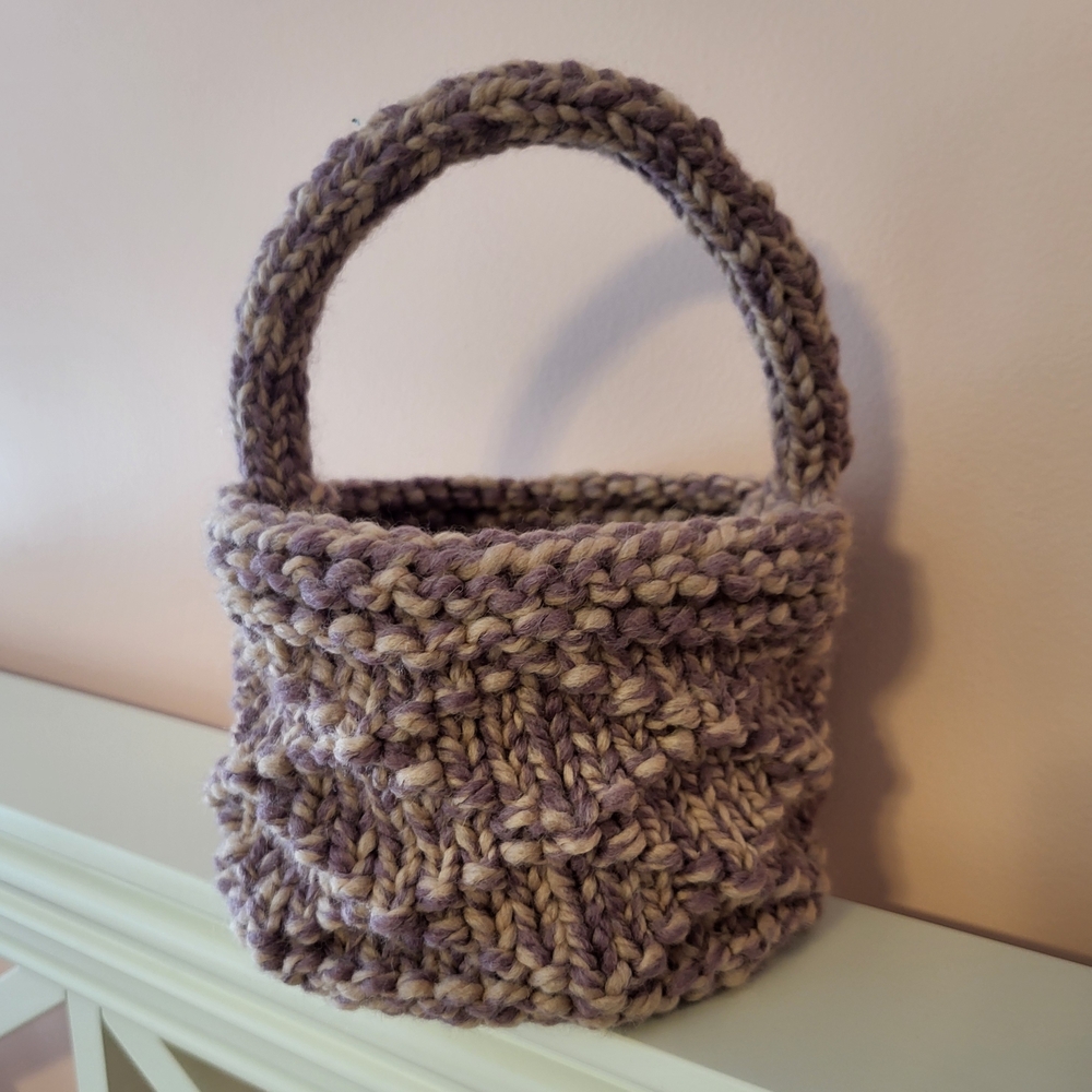 Handcrafted Knit Easter Basket Purple and Tan